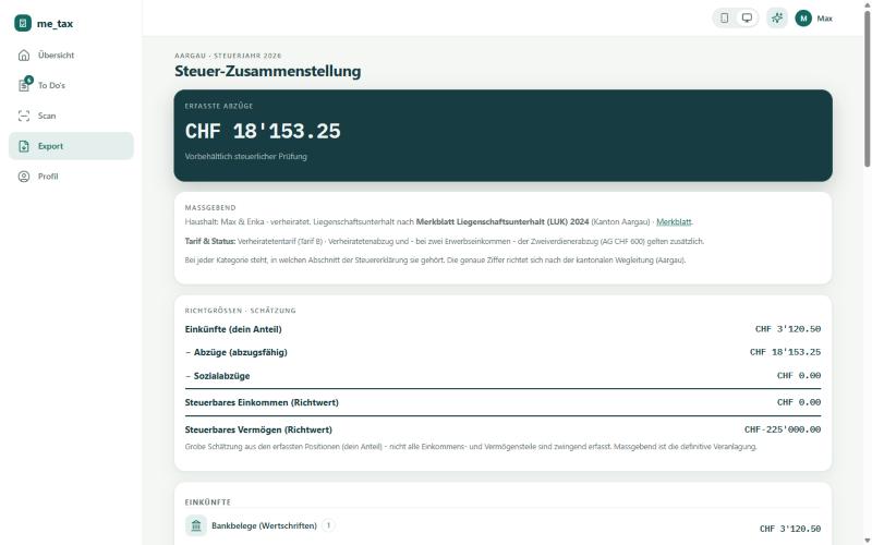me_tax am Desktop: Steuer-Zusammenstellung